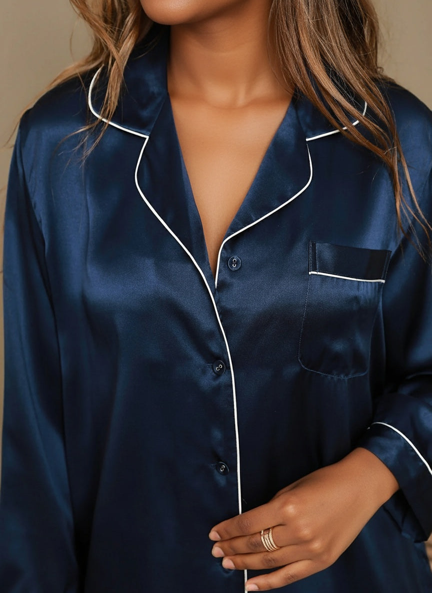 Premium Luxe satin long pajama set - blue FREE SIZE M-XL FIT