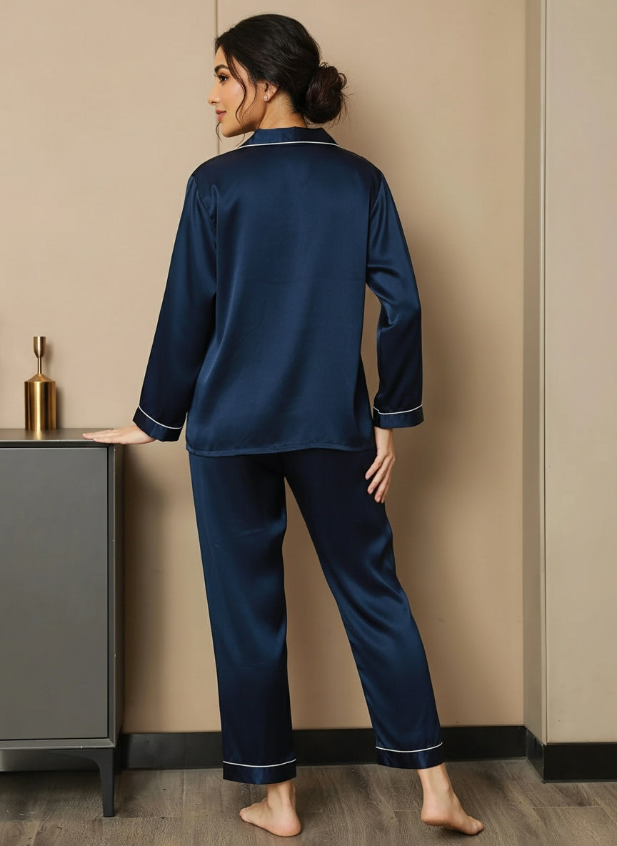 Premium Luxe satin long pajama set - blue FREE SIZE M-XL FIT